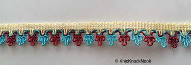 Maroon Red, Blue And Beige Thread Embroidered Lace Trim, 16mm wide